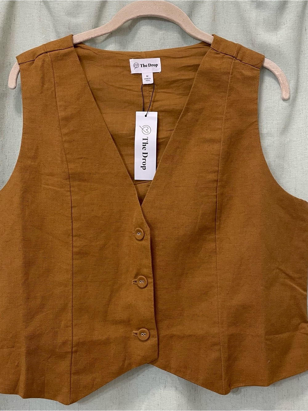 The Drop Women’s Rust Brown Linen-Blend Button Front Crop Vest